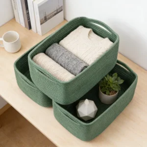 3-Pack Woven Storage Baskets With Handles, Soft Cotton Rope Organizer Bins For Shelves
