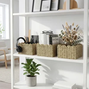 Abercromby Seagrass Basket, 12.6 x 8.7 x 6.7 Inches, Gray Brown with Scallop Edge