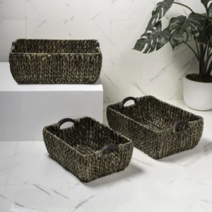 Astor Bohemian Farmhouse Handwoven Water Hyacinth Nesting Storage Baskets with Wood Handles (Set of 3)