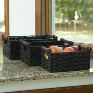 Chebeague Decorative Woven Baskets, Paper Rope with Wood Handles