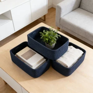 Small Woven Storage Basket Set Of 3, Handwoven Natural Cotton Rope Organizer Bins